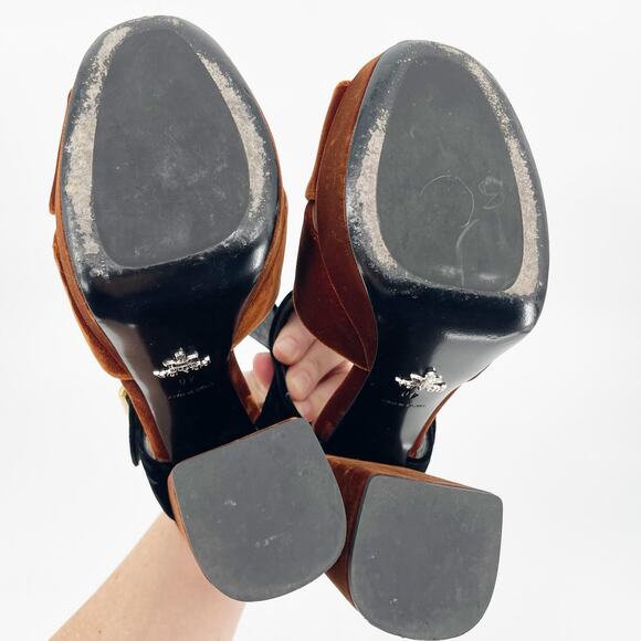 Prada Bicolor Velvet Block-heel Chunky Platform Sandal In Black-Tabacco IT 40 - Picture 11 of 13